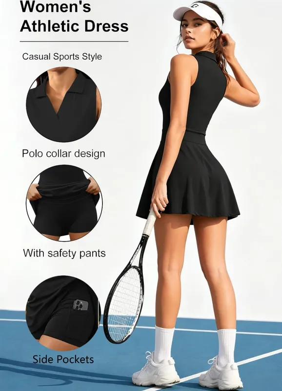 Womens Sleeveless Golf Tennis Dresses with Inner Shorts＆Pockets for Workout Exercise