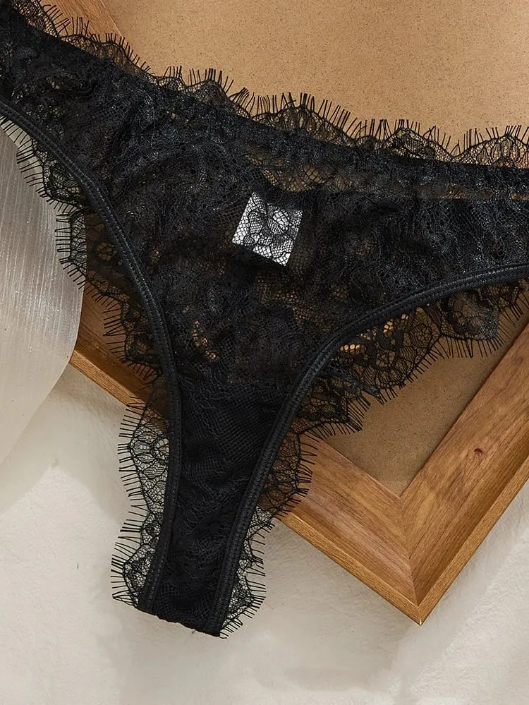 2pcs Ladies' Basic Style Thin Lace Bra And Panty Set Comfortable Seamless Single Layer Romantic Transparent Intimate Apparel