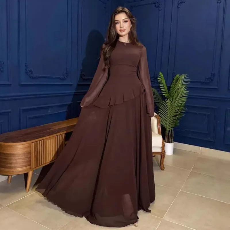 Women Chiffon Solid Ruffled Dress Flare Sleeve Round Neck 2025 New Elegant Maxi Gown Evening Party Fashion Holiday Lady — image 12