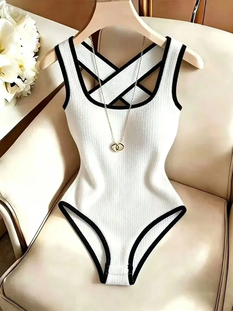 Women Ribbed Knit Bodysuit Sleeveless Tank Top Crisscross Back Black Contrast Trim Slim Stretch Casual Streetwear — image 8