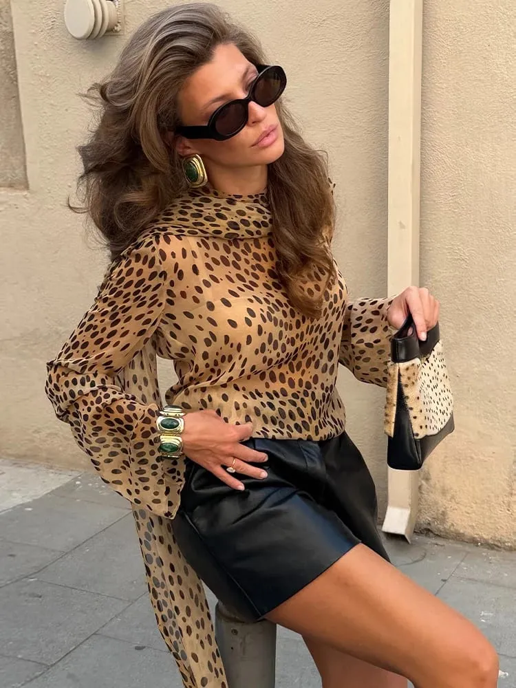 Sexy Leopard Printed Women Dress Long Sleeve See Through Hanging Neck Ribbon Lady Dresses 2026 Summer Autumn Chic Female Robe — image 4