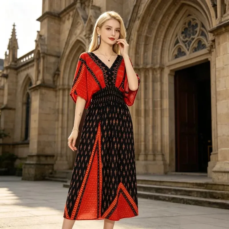 Boho Holiday Women V-Neck Batswing Short Sleeve A-Line Midi Dresses Slim Elastic Waist Casual Vintage Office Lady Elegance Dress — image 24
