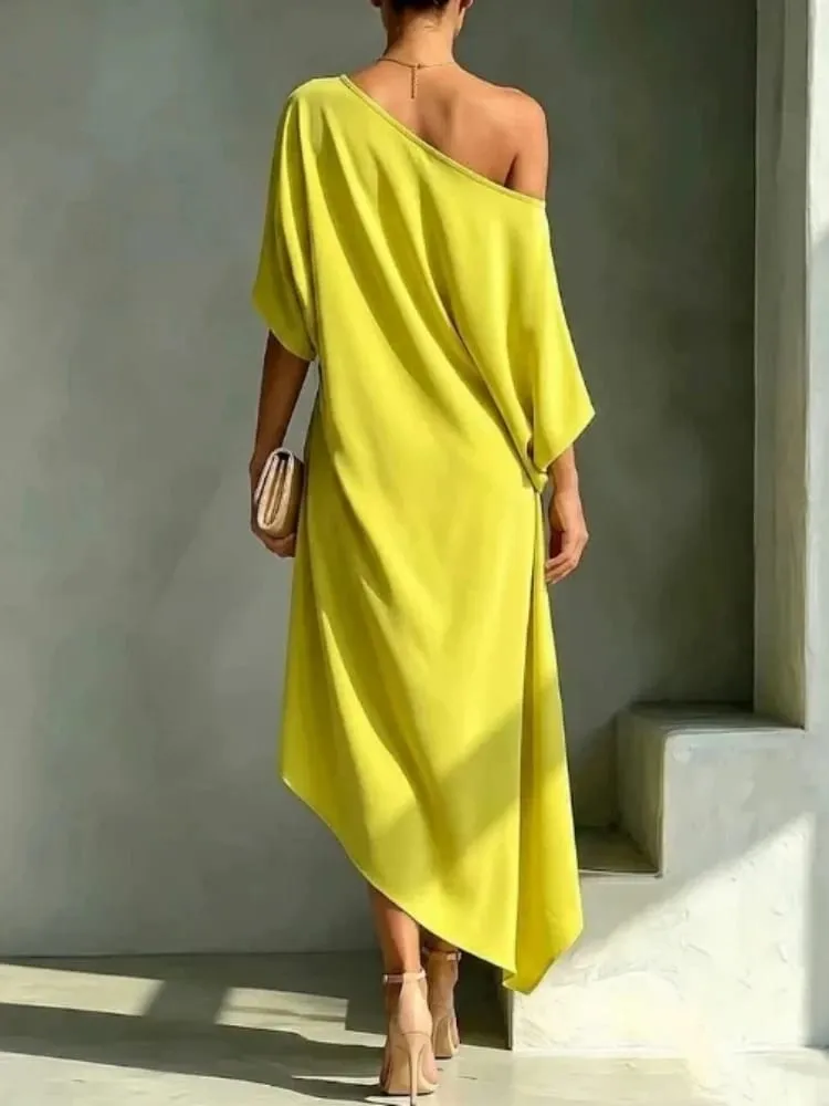 Elegant Off Shoulder Half Sleeve Dress Women Summer Batwing Sleeves Irregular Button Design Vintage Casual Holiday Beach Dresses — image 2
