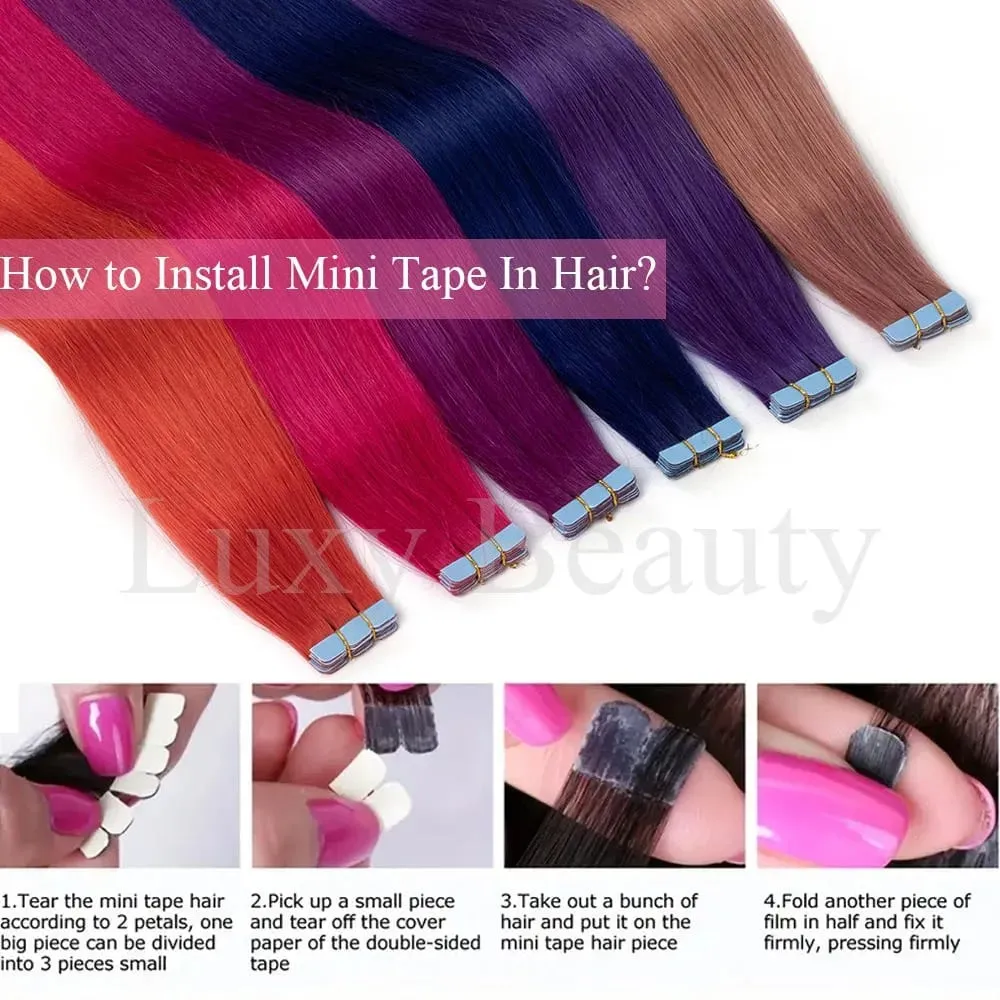 Colored Pink Mini Tape in Hair Extensions Invisible Seamless Tape in Human Hair 10pcs/set Red Green Purple Blue Mini Tape Hair — image 7
