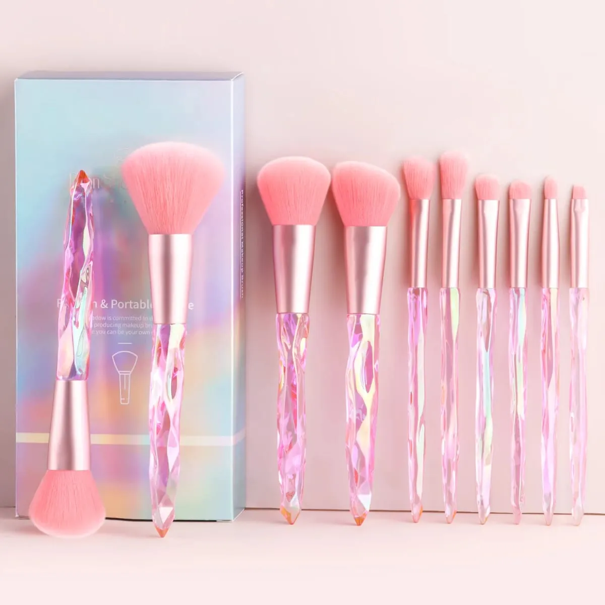 10Pcs Shiny Crystal Handle Makeup Brush Set with Case Round Loose Powder Brush & Flat Foundation Brush for Eye Makeup