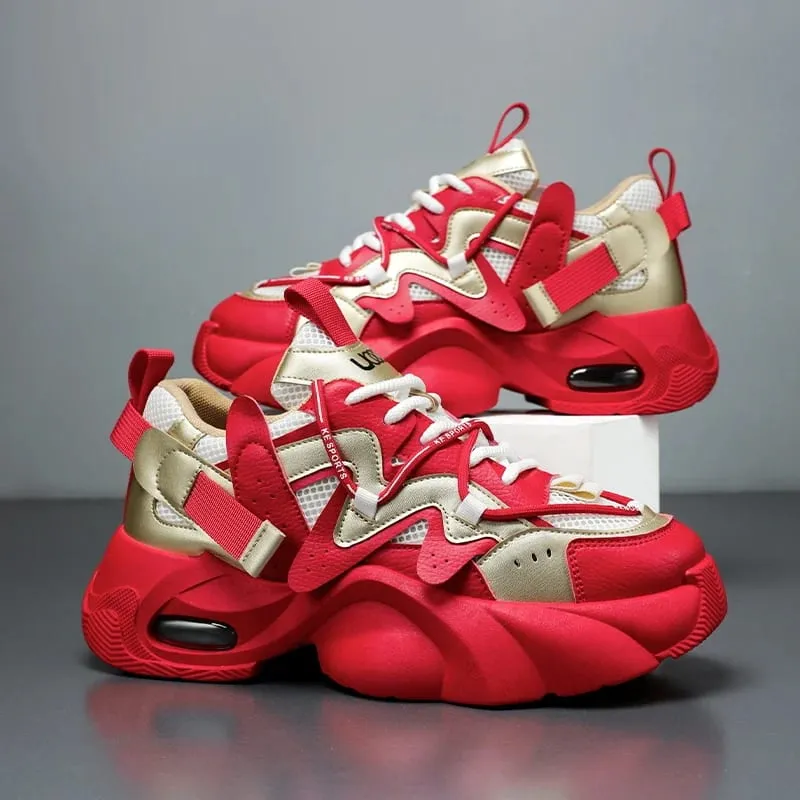 Men's Casual Sneakers with Large Mesh Breathable Upper Metallic Texture and Contrasting Color Stitching and Trendy Webbing Accents. Thick Air-Cushioned Soles Provide Both Height Increase and Shock Absorption Making Them Suitable for Street