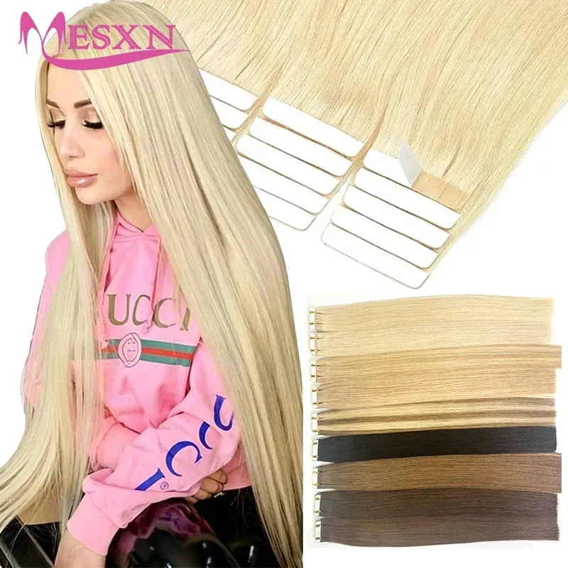 Tape In Hair Extensions 100% Really Human hair Extensions 16"-24" Black Brown Blonde Invisible Can dye For Salon — image 2