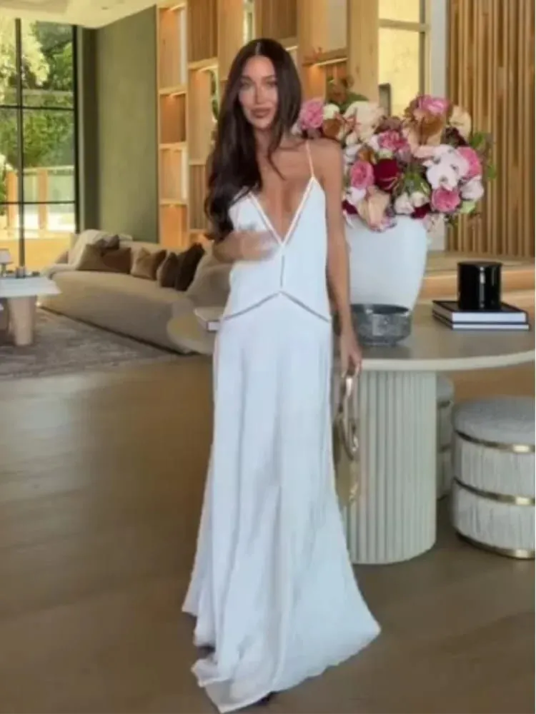 Elegant Deep V-neck Backless Long Dress Women Solid Spaghetti Strap Sleeveless Sling Dresses 2026 Lady Holiday Party Vestidos — image 3