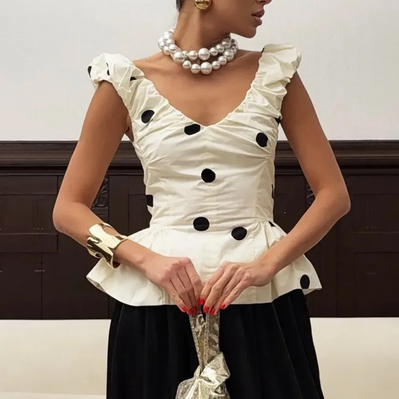 Slim Deep V Neck Polka Dot Tank Top Off-shoulder Ruffled Sleeveless Silk Vest Backless Lace Camis Female