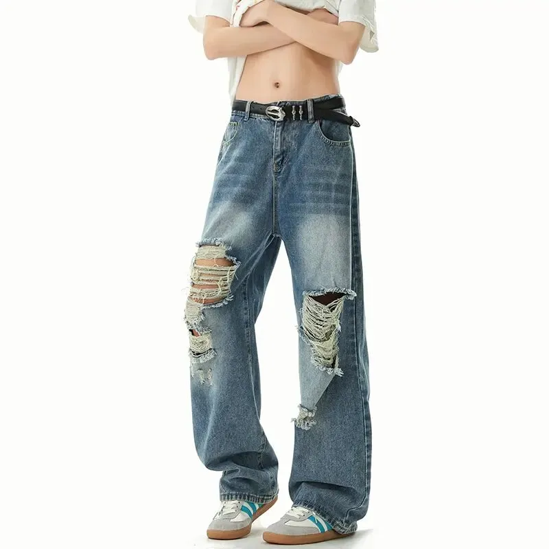 New Spring/Autumn Fashion Solid Color American Retro Straight Leg Ripped Jeans Men's Casual Loose Fit Sports High Quality Jeans — image 5