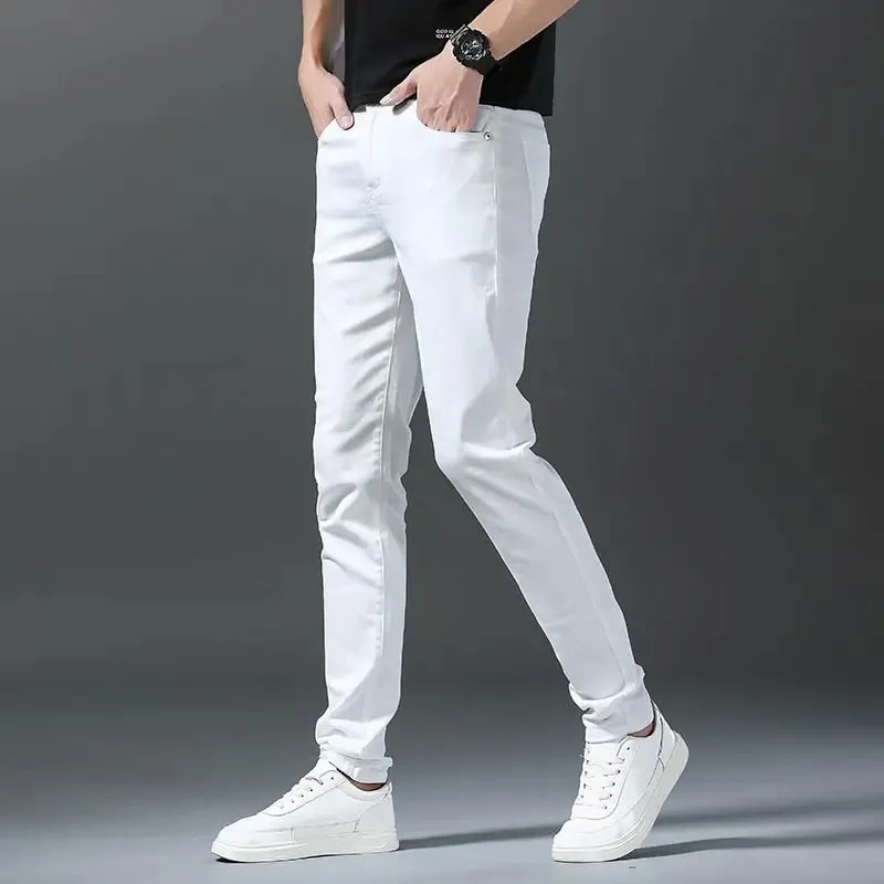 Mens Straight Elastic Waist Jeans 2025 Autumn Winter Fashion Brand Comfortable Versatile Pants Slim Fit White Jeans High Street — image 3