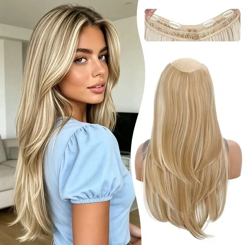 22Inch Synthetic V-Shaped Long Layered Straight Hair Extensions Invisible Increase Volume Fashion Lazy Hairstyle for Women