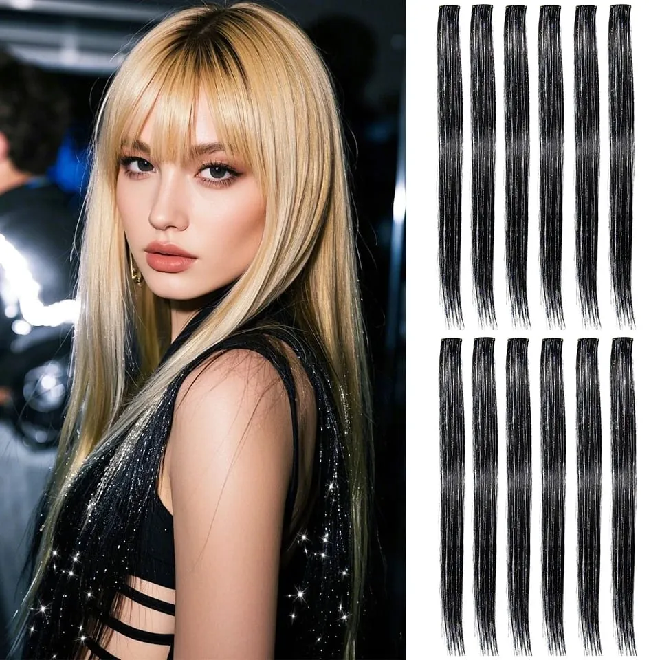 Synthetic Clip in Hair Extensions 12pcs/pack Clip in Colorful Hair Mixed Tinsels Glitter Hairpices for Women Girls Daily Party — image 12
