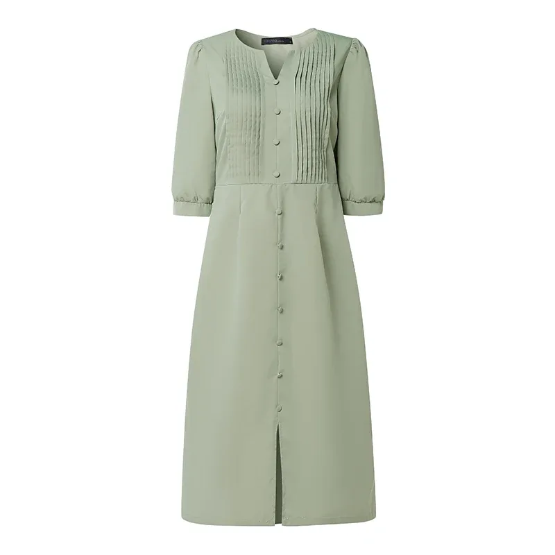 2026 ZANZEA Stylish Split Hem Dress Women Summer Sundress V Neck Half Sleeve Holiday Midi Robe Casual Solid Color Work Dresses