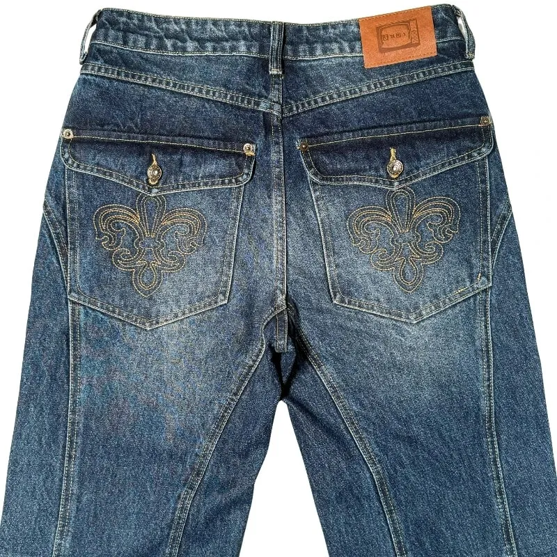 Y2K Retro Blue Flare Jeans Unisex Washed Denim Pants Embroidered Back Pocket Streetwear Wide Leg Bootcut Jeans — image 5
