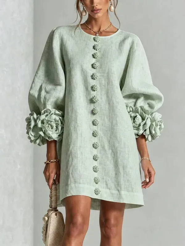 Women Spring Autumn 3D Flower Long Lantern Sleeve Cotton Linen Mini Dress Solid Crew Neck Loose Elegant Daily Wear Short Dress — image 11