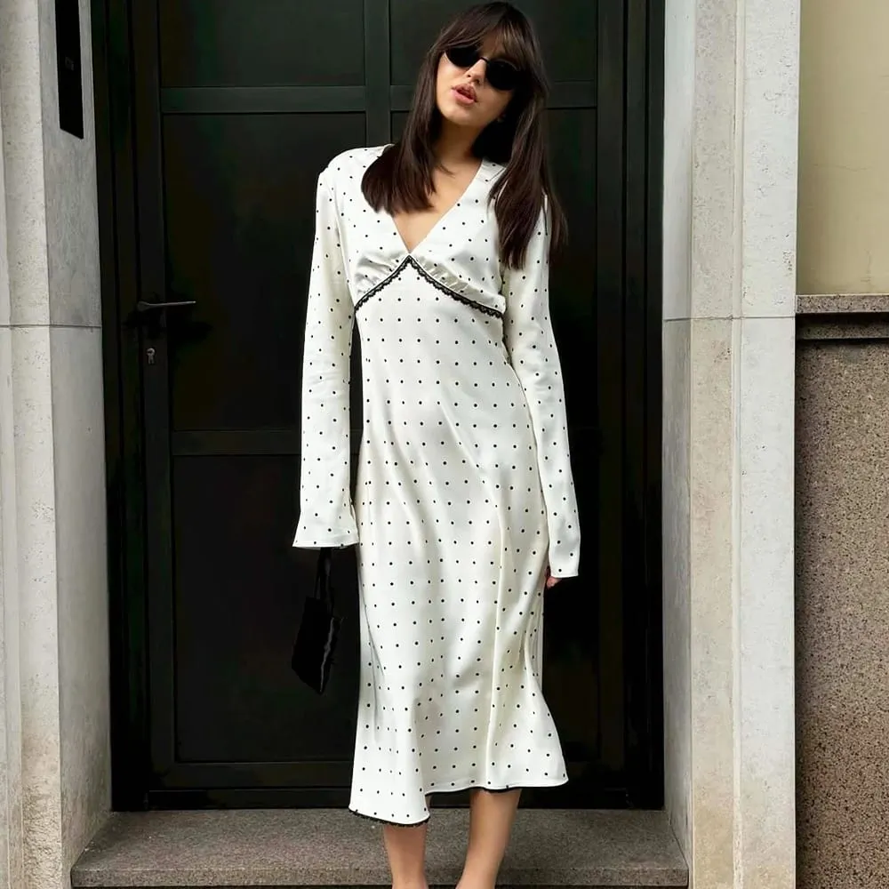 Talenza Women Polka Dot Dress Fashion Satin Print Contrast V-Neck High-Waisted New Dress Summer Elegant Female Party Dress 2026 — image 3