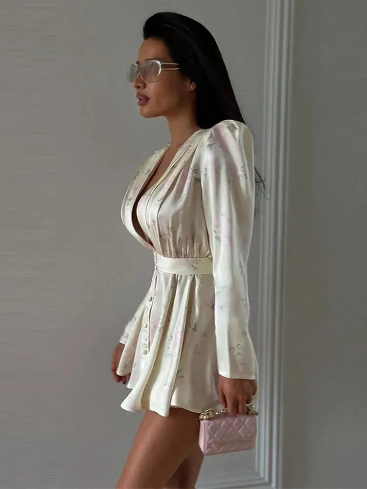 Elegant Printed Waistband Women's Summer Dress Waist Cinched Satin V-neck Puff Sleeve Buttons Dresses 2026 Holiday Short Vestido — image 3