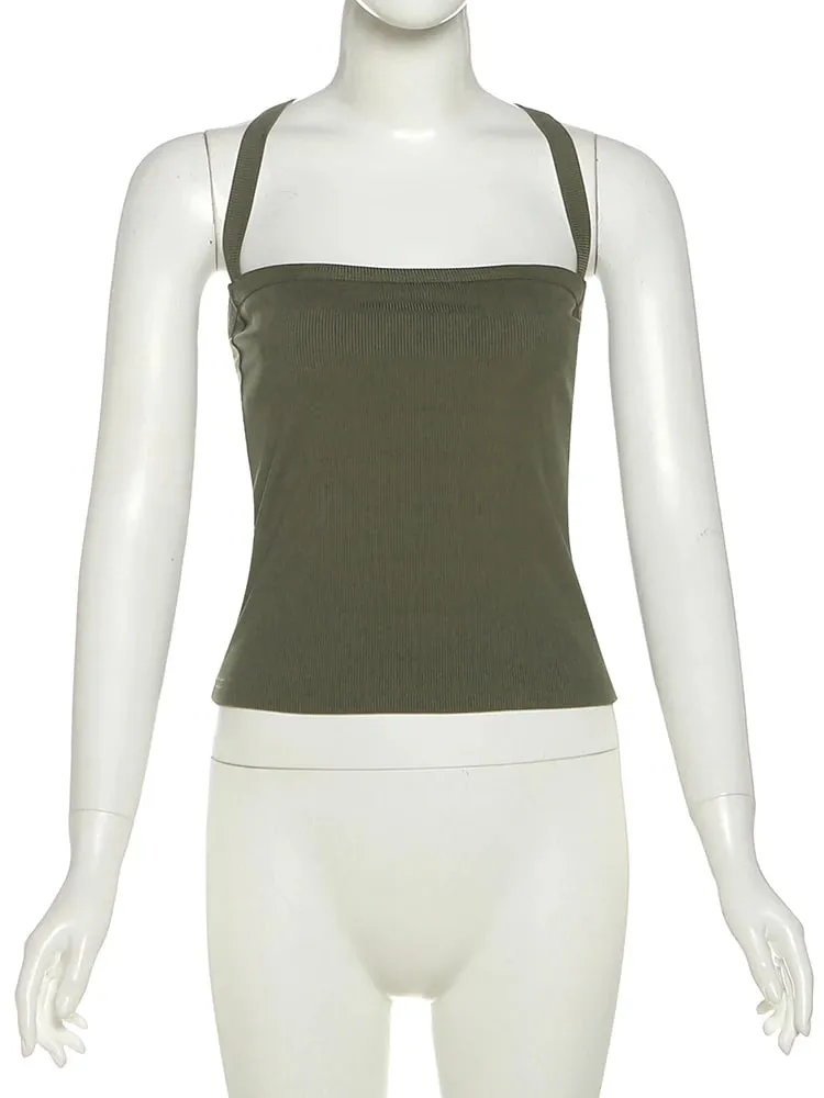 Women Ribbed Knit Camis Top Square Neck Wide Strap Cross Shoulder Strap Slim Fit Crop Tank Top Y2K Streetwear Sporty Daily Vest — image 8
