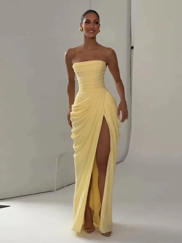 Sexy Solid Geplooide Strapless Jurk Lady Chic Off-shoulder Backless Hoge Taille Split Jurken Vrouwen 2026 Nieuwe Avond Party Gown — image 5