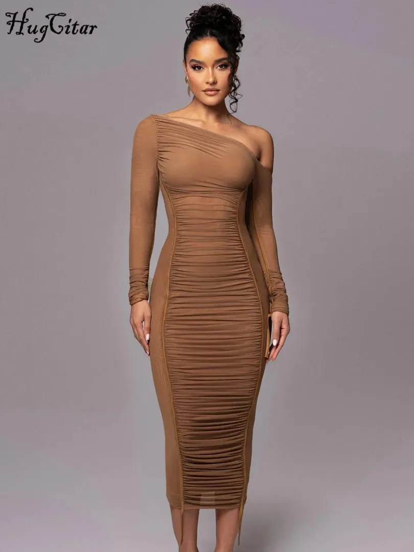 Hugcitar Mesh Solid Diagonal Collar Long Sleeve Draped Sexy See Through Bodycon Maxi Dress Summer Fashion Clothes Festival Club