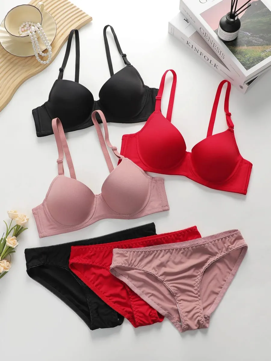 Solid Underwire Lingerie Set Underwear Panty Sets Women Push Up Bra with Steel Ring Intimates Underwear Suit