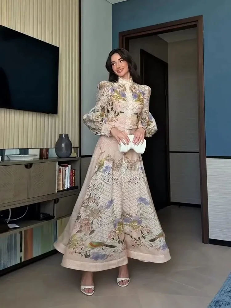 Spitze Gedruckt frauen Kleid Elegante Halb Hohe Kragen Lose Hülse Einreiher Gürtel Weiblichen Rock 2026 Sommer Dame Drapierte robe — image 4