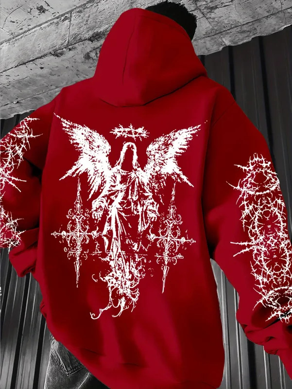 Men's Angel-themed graffiti thorn print streetwear hip-hop punk style hooded sweatshirt regular fit version sweatshirt hoodie — image 7
