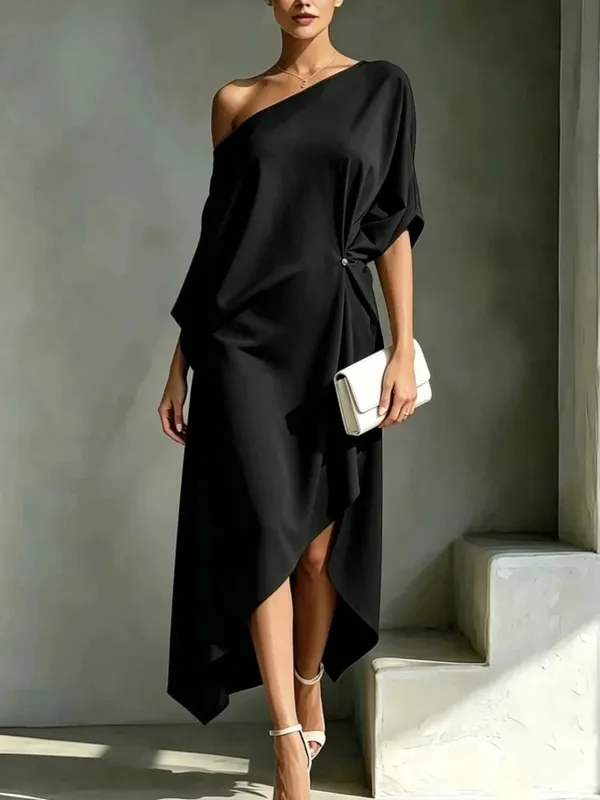 Elegant Off Shoulder Half Sleeve Dress Women Summer Batwing Sleeves Irregular Button Design Vintage Casual Holiday Beach Dresses — image 6