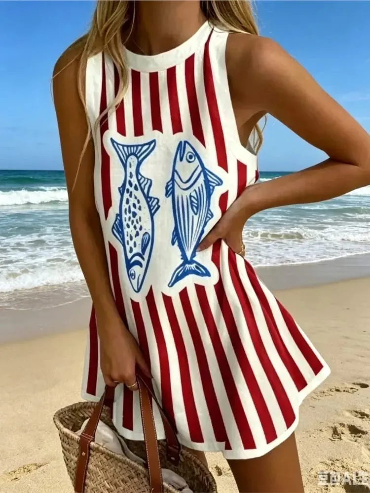 Summer New Print Dress Women's Fashion Elegant Casual O Neck Sleeveless Holiday Beach Party Shirt Dresses For Women Robe Femme — image 4