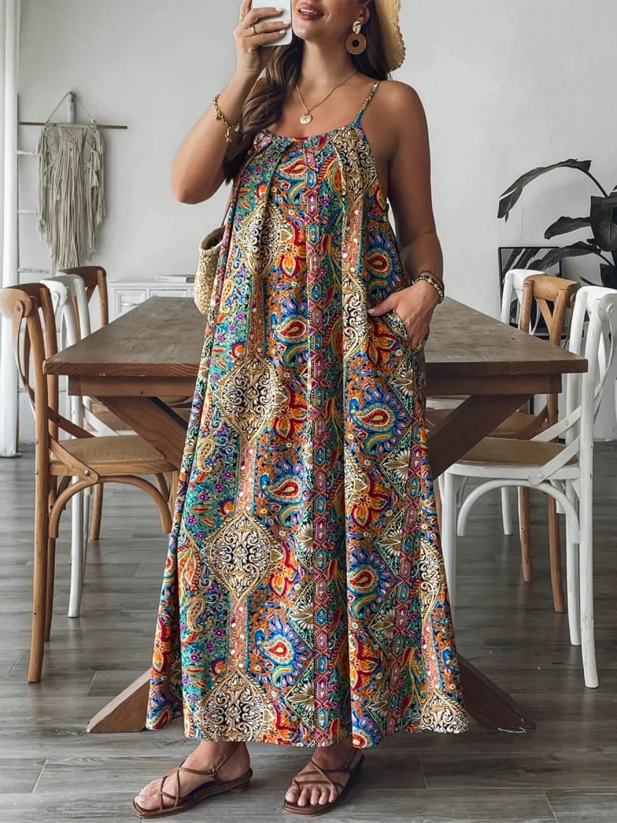 2026 Summer Women Bohemian Paisley Print Spaghetti Strap Maxi Dress Loose Flowy Pocket Long Dress Vintage Ethnic Beach Vacation — image 4