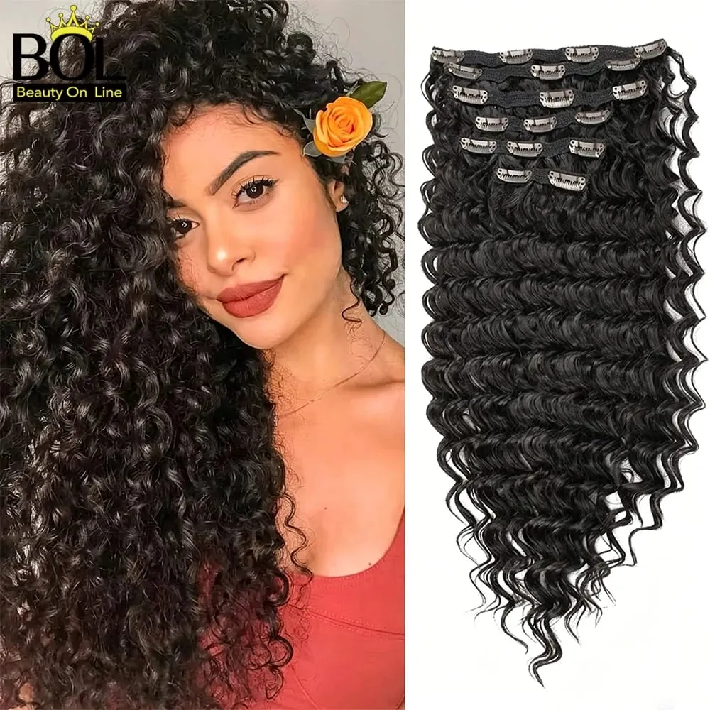 Clip sintetica a onda profonda da 24 pollici nelle estensioni dei capelli 7 pezzi / set 140g capelli finti testa piena parrucchino clip ricci capelli per le donne