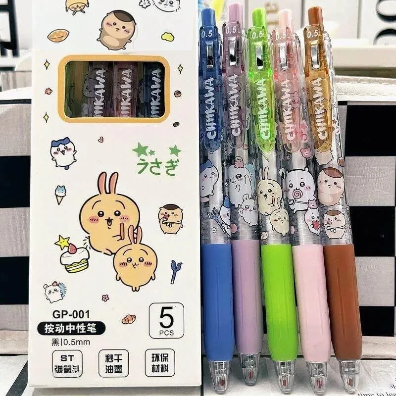 5pcs Cartoon Kawaii Gel Pen 0.55mm Refill Press Pen Black Pen Student Stationery School Writing Supplies animation Birthday Gift — image 1