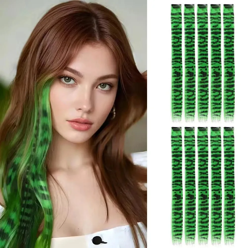 10pcs/set Stripe Printed Hair Colorful Long Straight Hair Pieces Synthetic Clip-in Hair Extensions for Daily Use Party Halloween — image 2