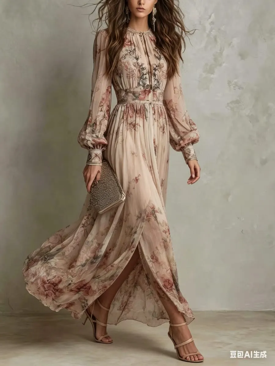 Elegant Long Sleeve Chiffon Long Dresses For Women 2026 Fashion Floral Print Slim Party Maxi Dress Casual — image 5
