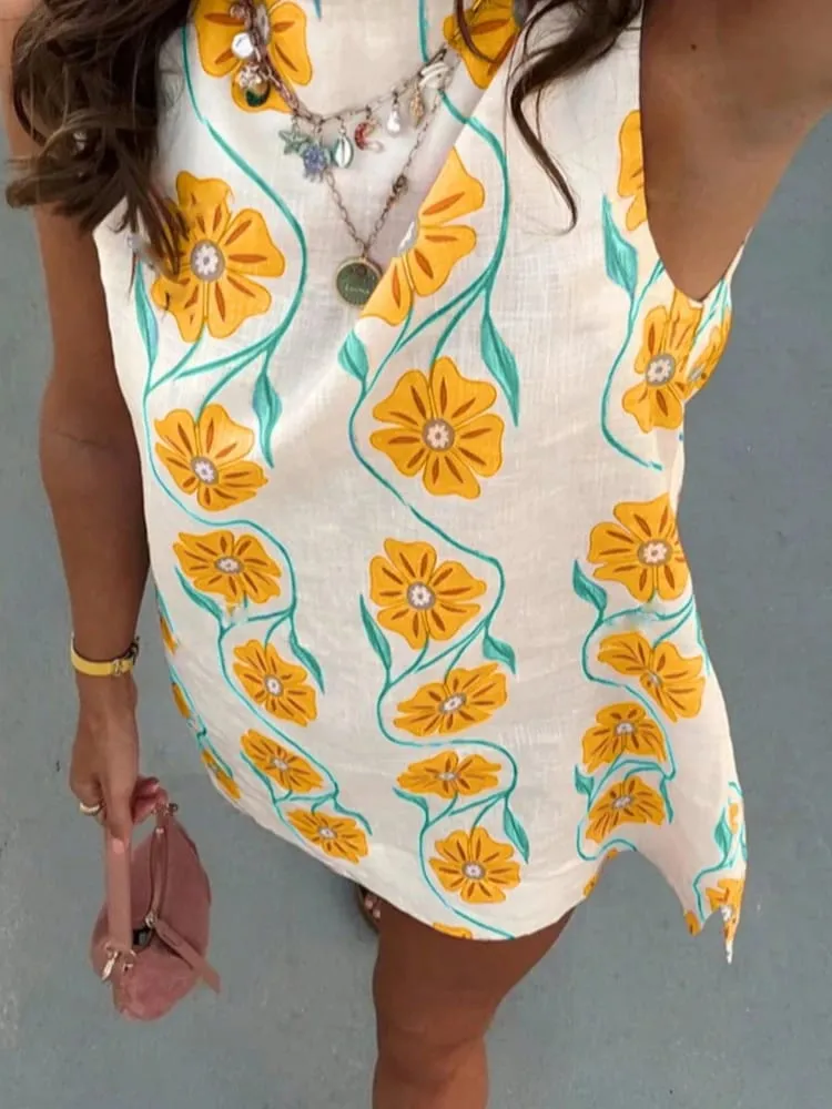 2026 Summer Women O-neck Sleeveless Print Mini Dress Fashion New Elegant Casual Loose Vacation Beach Short Dresses — image 6