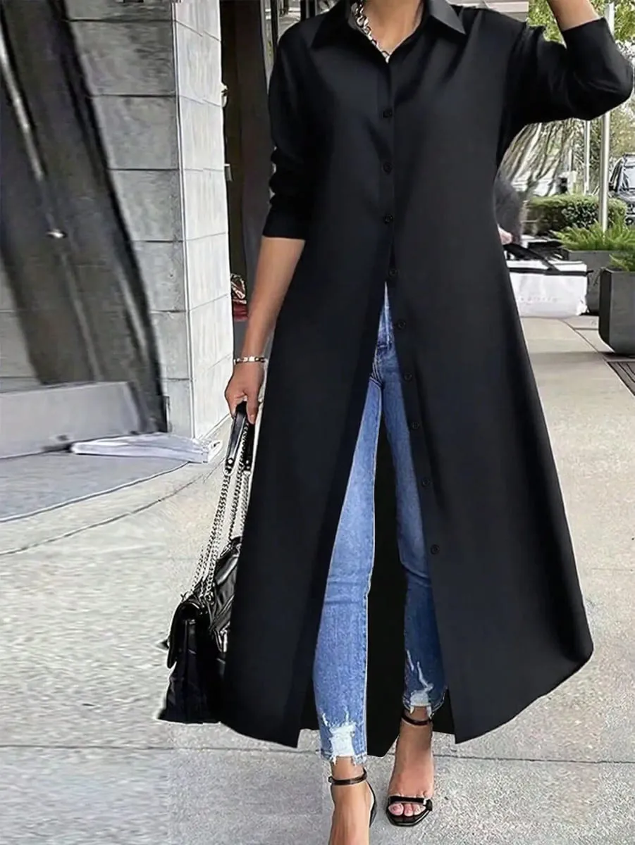 Women's Plus Size Long Sleeve Shirt Dress 100% Polyester Loose Fit Lapel Collar Button Front Casual Dress Autumn 2026 — image 2