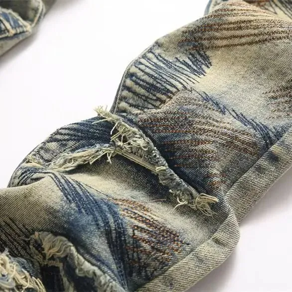 American High Street Worn Out And Tear Damaged Men's Jeans Destroyed Holes Stretch Skinny & Slim Ripped Jeans