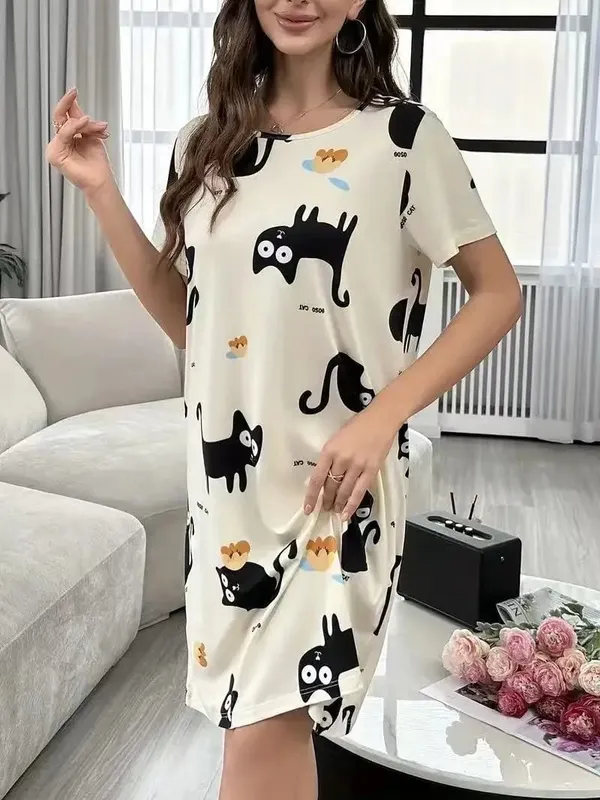Women's Spring and Summer Cartoon Cat and Letter Print Pajamas Short-Sleeved Round Neck Dress