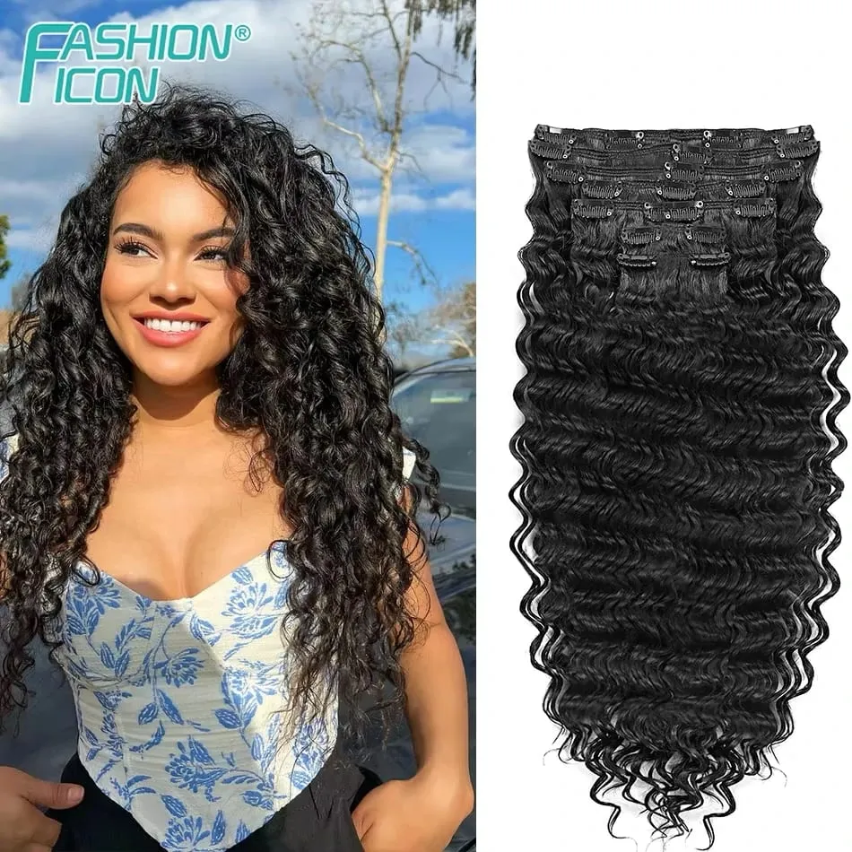 24 Inch Deep Wave Clip In Hair Extensions Synthetic Ombre 7Pc/140g Full Head Curly Hairpieces Heat Resistant Fake Hair for Women — image 2