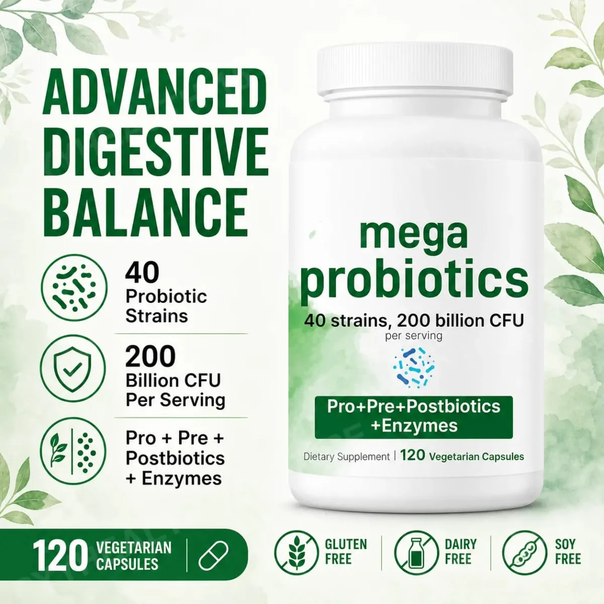 Probiotics Capsules 200 Billion CFU 40 Strains Prebiotics Digestive Enzymes Gut Health Supplement 120 Veg Capsules Men Women — image 4