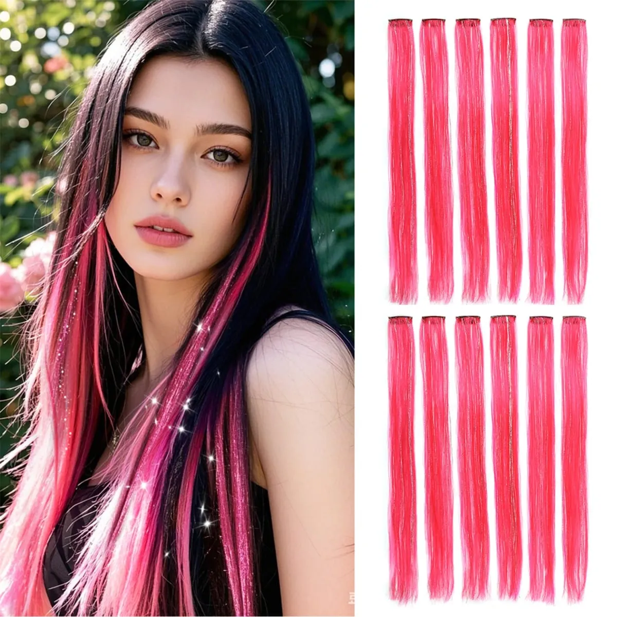 Synthetic Clip in Hair Extensions 12pcs/pack Clip in Colorful Hair Mixed Tinsels Glitter Hairpices for Women Girls Daily Party — image 11
