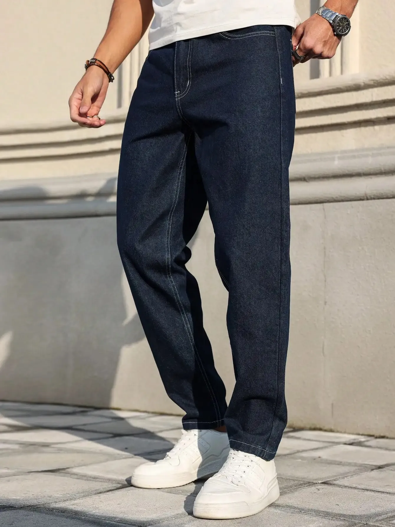 Men Raw Dark Blue Denim Jeans Contrast Stitching Loose Tapered Pants Vintage Non‑wash Straight Taper Trousers Streetwear — image 5