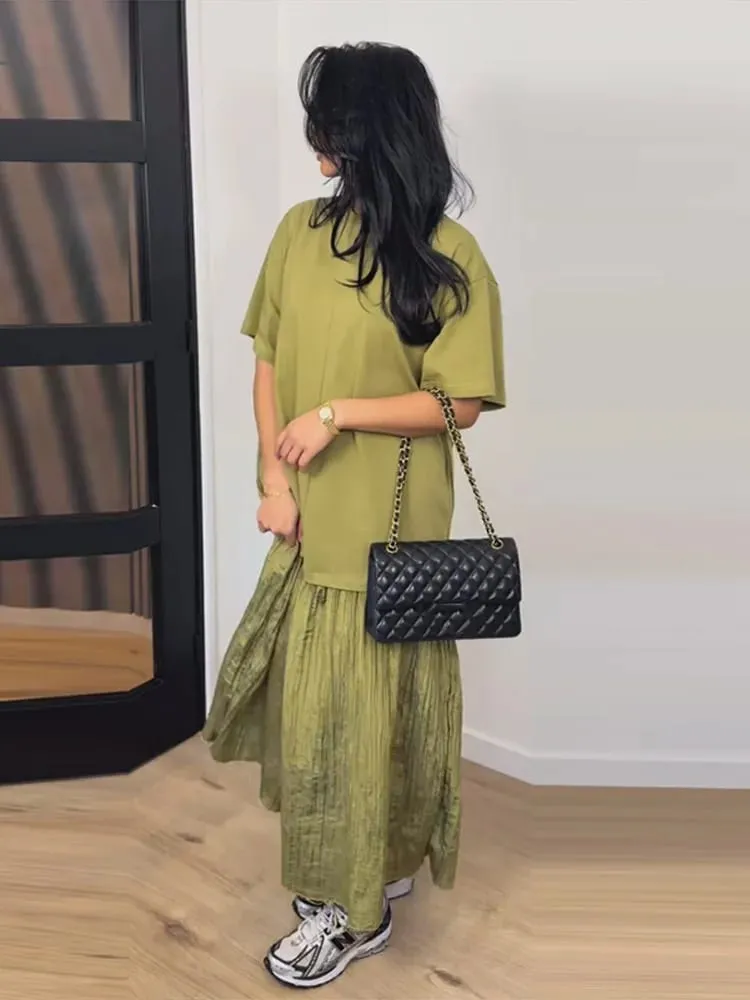 Short Sleeve Patchwork Oversized Long Dress Women Elegant O-neck Pleated Loose Party Evening Dresses Summer Casual Lady Vestidos — image 6