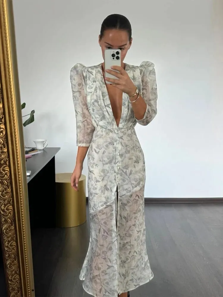 Fashion Sexy Organza Floral Printed Maxi Dress V-neck Puff Sleeve 2026 New Summer Romantic Women Party Gown Elegant Lady Vestido — image 2