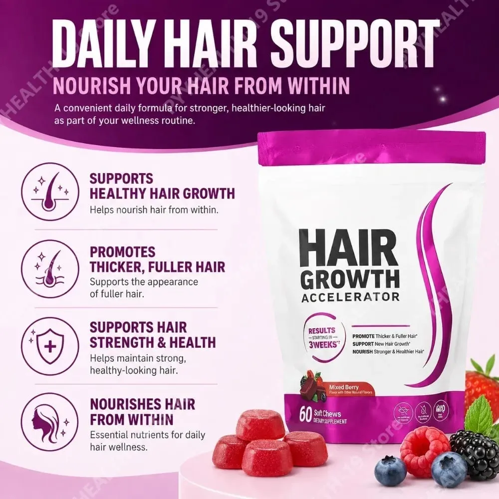 Hair Growth Soft Chews – Vitamin C & E Supplement for Thicker Fuller & Healthier-Looking Hair – Berry Flavor – 60 Soft Chews — image 2