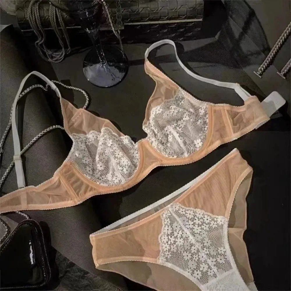 Sweet Mesh Lace Flower Bra Set Lingerie Brassiere Mesh Bra Panties Kit Thin Seamless Push Up Bra Women Lady — image 2