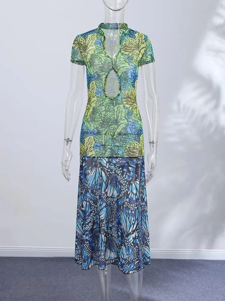 Jungle Butterfly Print Midi Dress Mandarin Collar Cutout Waist High Slit Dress 2026 Summer Festival Night Out Wear Women Vestido — image 6