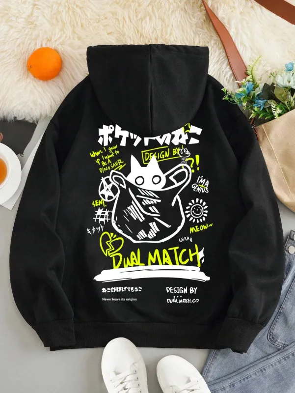 Japan Style Black Cat Hoodie Men Women Outdoor Street Casual Fashion Sport Cartoon Longsleeve Adult Autumn Winter Sweatshirt Top — image 3