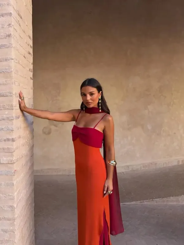 Fashion Women Color Blocking Scarf Collar Sling Dress Sexy Split Waist Cinching Bodycon Maxi Gowns 2026 Lady Club Party Vestidos